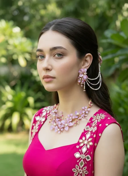 Blossom Pink Floral Pearl Necklace Set