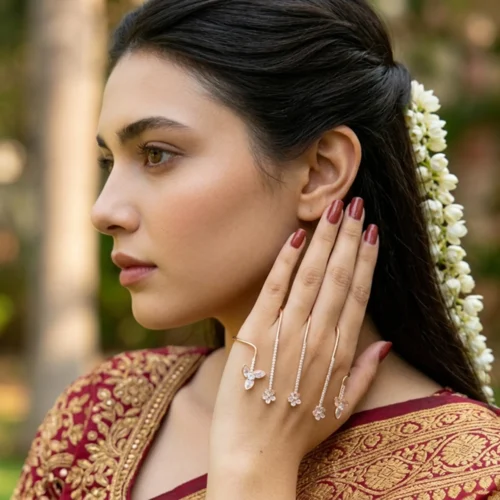 Rose Gold Floral Crystal Finger Bracelet / Kada