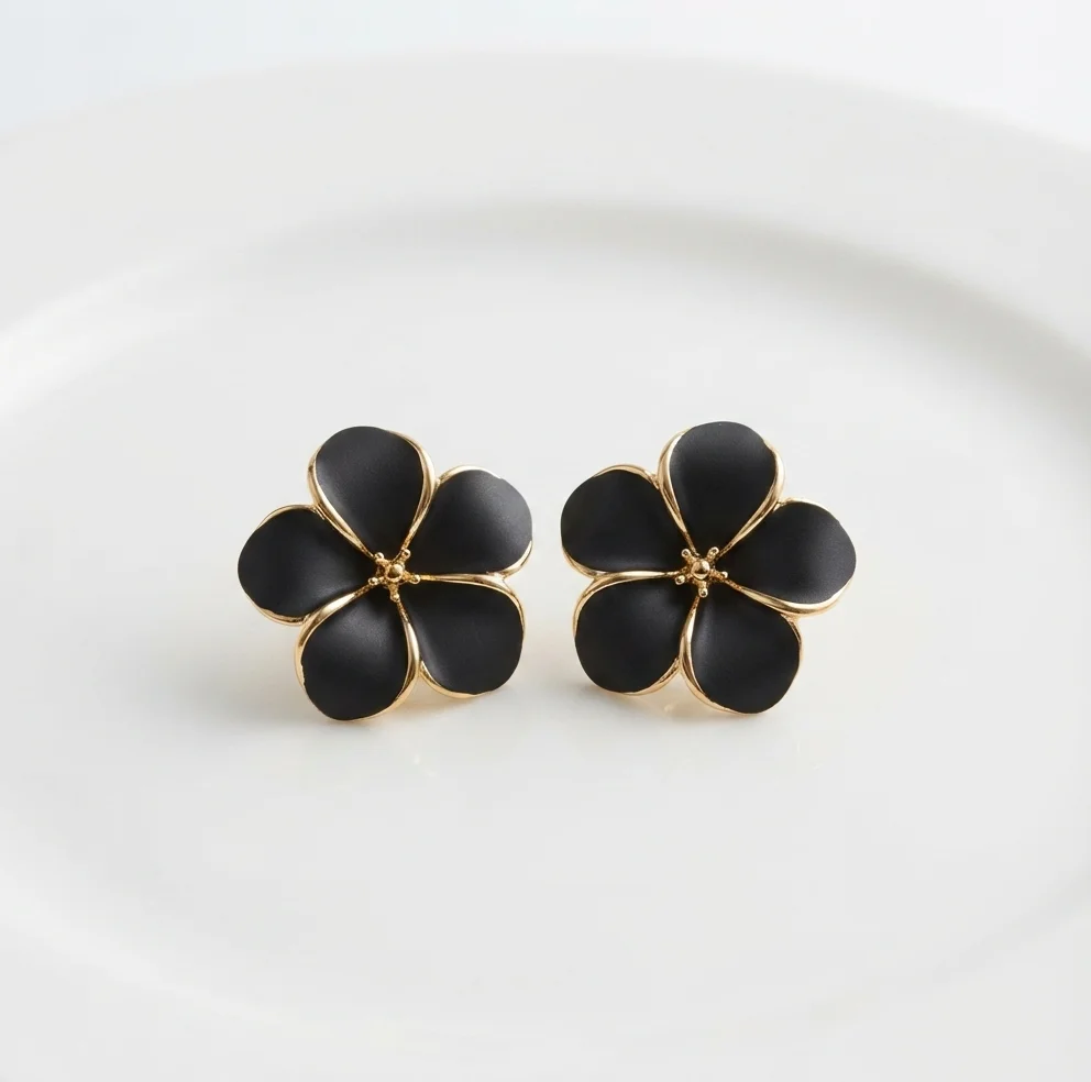 Gold-Trimmed Black Floral Enamel Stud Earrings