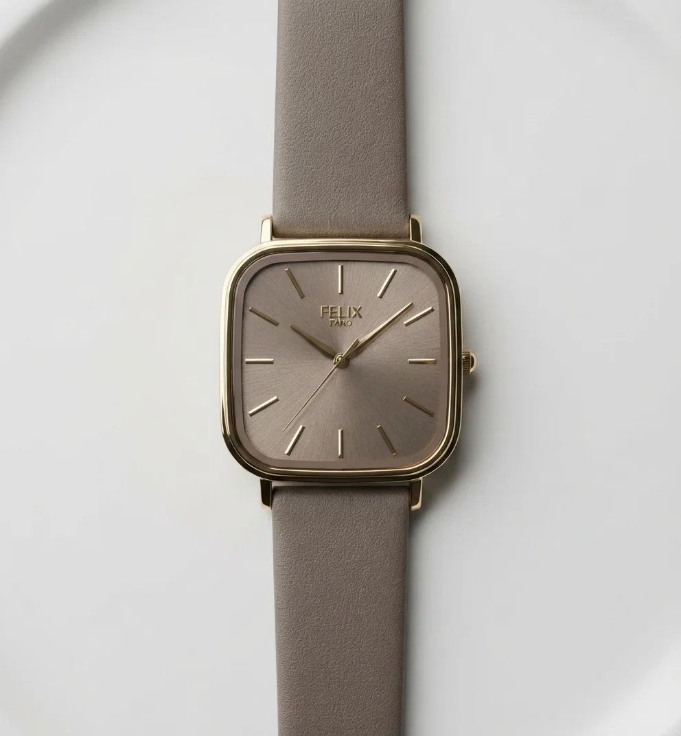 Felix Gold-Tone Cushion-Case Watch with Taupe Leather Strap