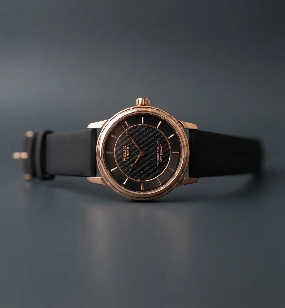 Felix Rose Gold-Tone Watch with Textured Black Dial and Black Leather Strap