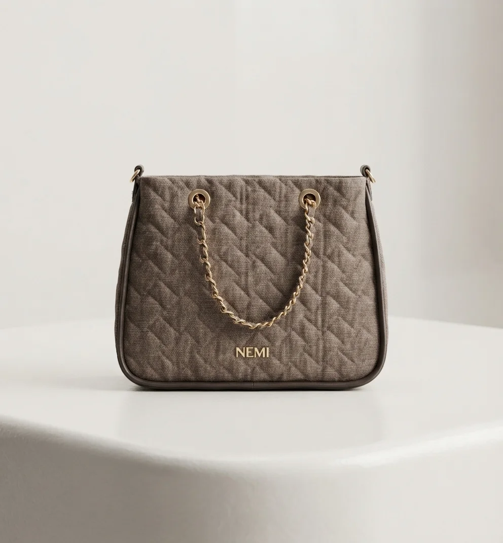 Nemi Quilted Taupe Tote Bag with Chain Strap