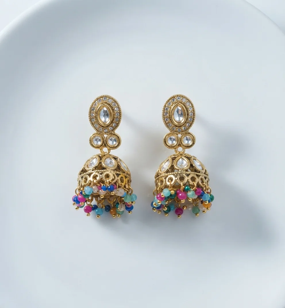 Gold-Tone Traditional Jhumka Earrings with Multicolored Beads