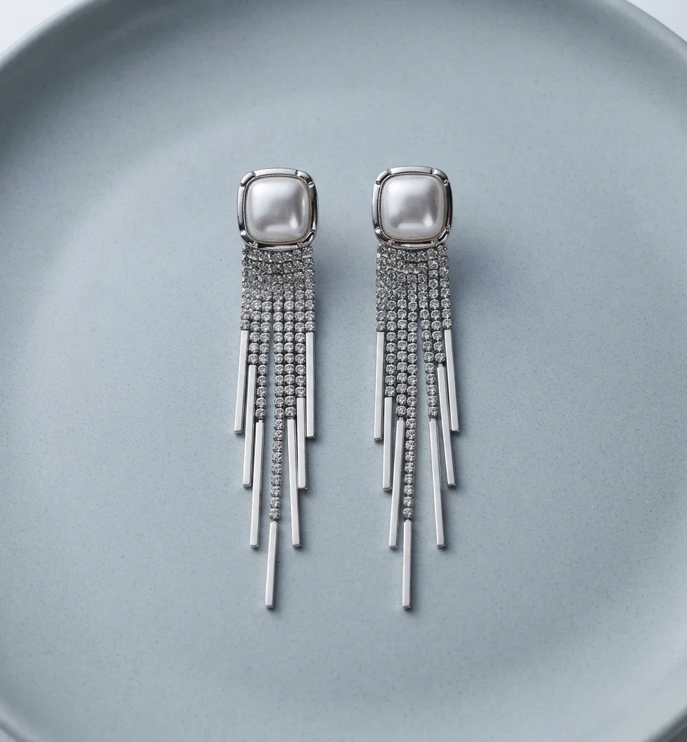Silver-Tone Pearl and Crystal Fringe Statement Drop Earrings