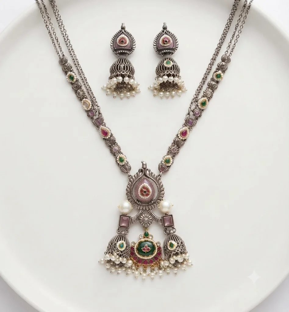 German Silver-Tone Multi-Strand Long Pendant Necklace and Jhumka Set with Gemstones