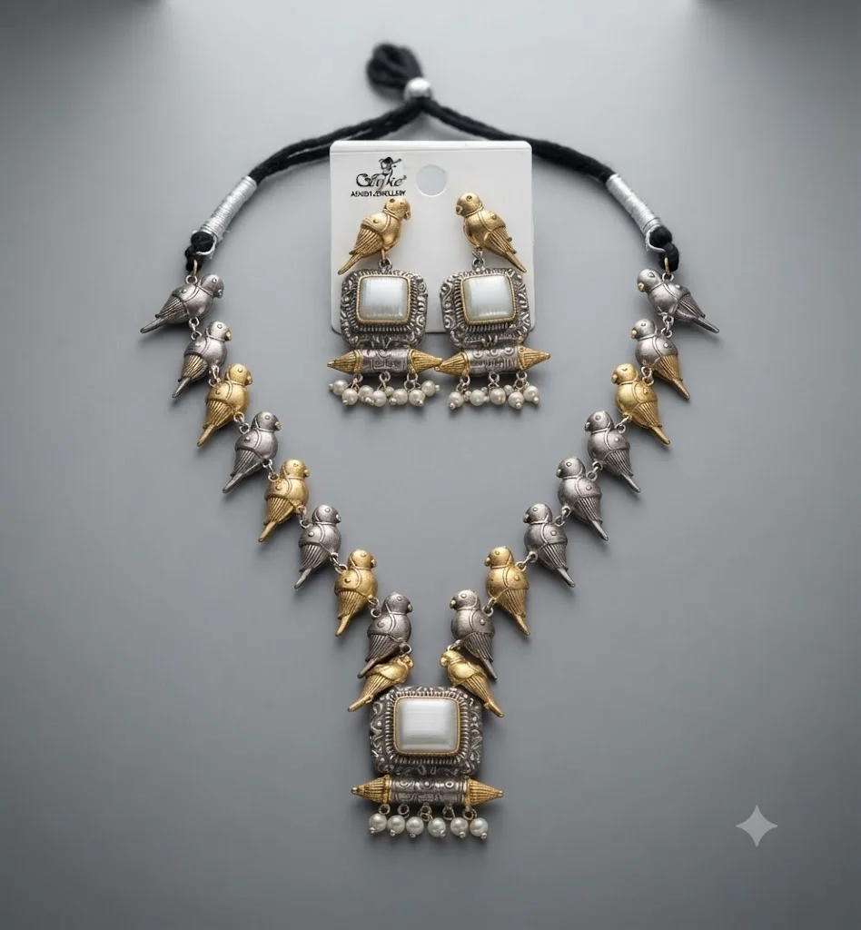 German Silver-Tone Bird Motif Statement Necklace and Earring Set with Mother-of-Pearl Inlay