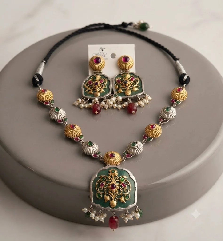 German Silver-Tone Green Enamel Floral Pendant Necklace and Earring Set with Gemstones